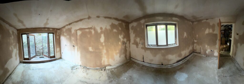 Ceiling re-boarded and walls re-plastered