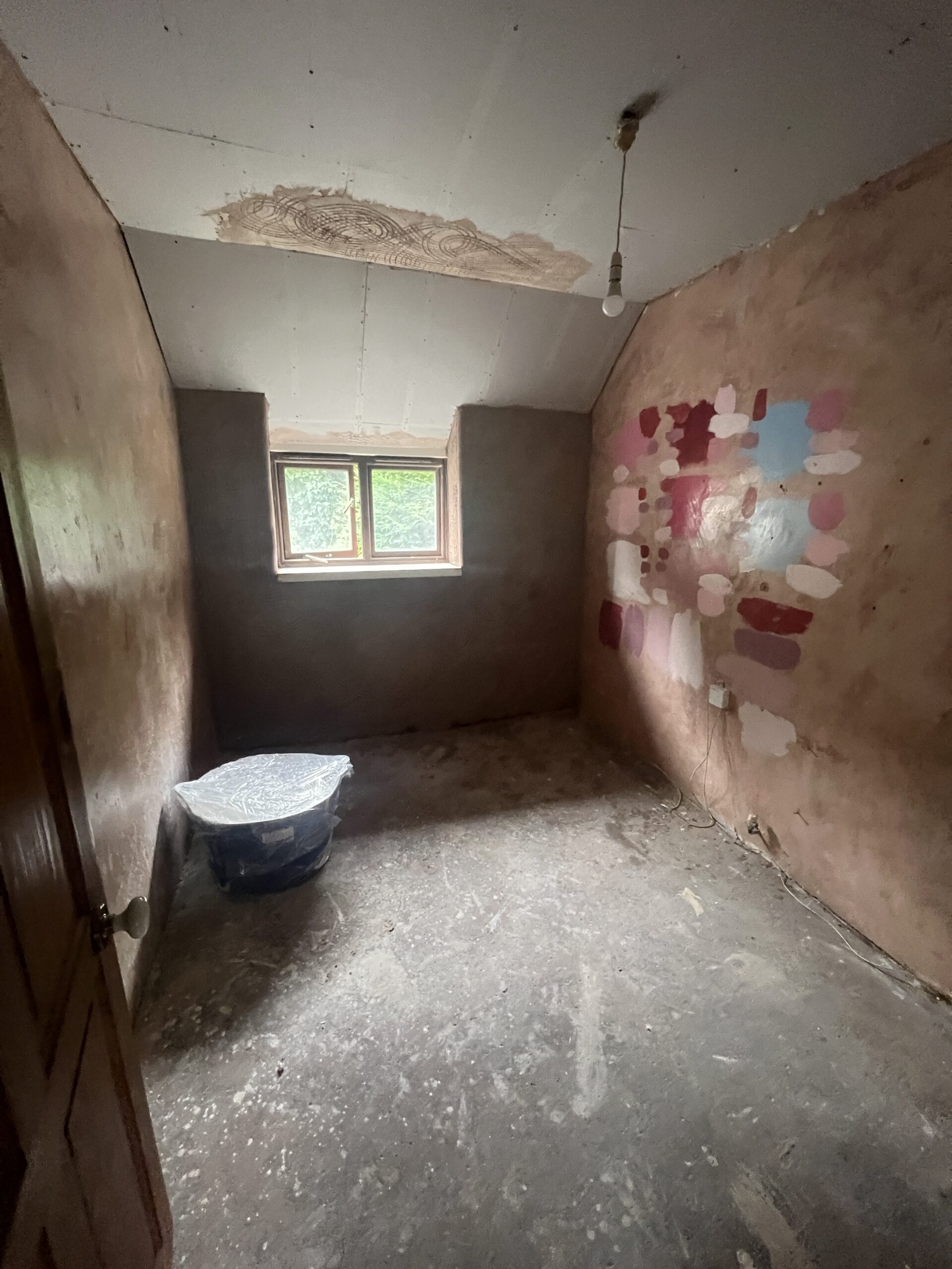 Ceiling re-boarded and base layer of lime aplied