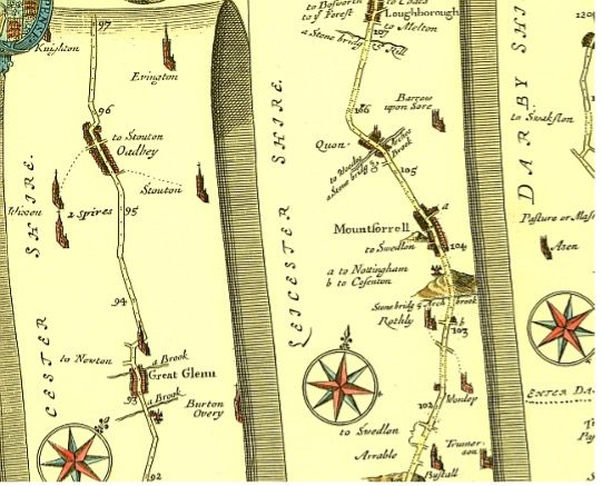 Pre-turnpike strip map of the road from Stony Stratford to Derby via Leicester passing through Mountsorrel. John Ogilby’s Britannia 1675-78 (Plate 40)