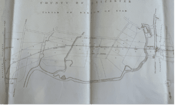 Detailed map of the route of the 1858 planned Mountsorrel Railway showing land it would have to cross in detail
(North in downwards on this map…)