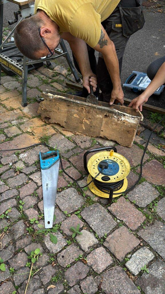 The underside of the original lower tread
